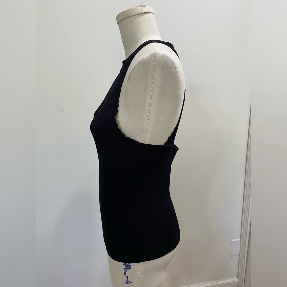 Autumn Cashmere Black Knit Tank Top Scallop Trim Cutout Back Italian Yarn Sz Med - Picture 6 of 6